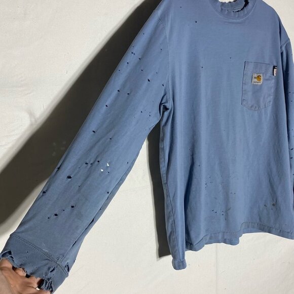 Carhartt Blue Distressed Destroyed Very Worn In Long Sleeve Crew Neck Shirt L - Picture 12 of 16